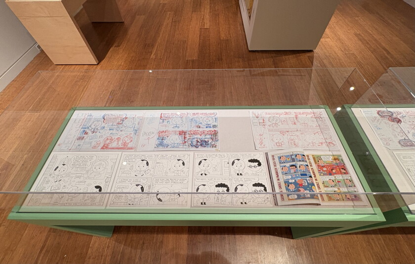 Cartoons in a display case in a museum