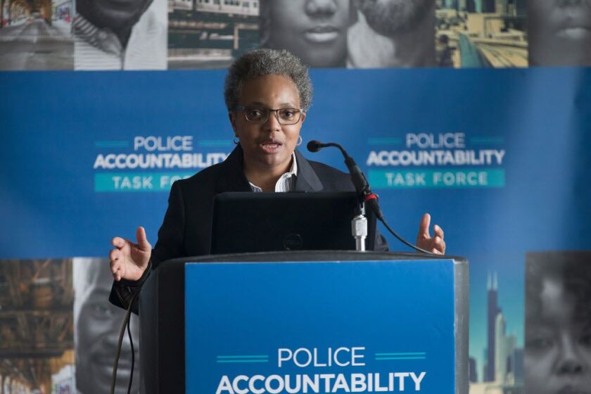 Lori Lightfoot is shown in April as she revealed and discussed the findings of the Police Accountability Task Force. | Getty Images