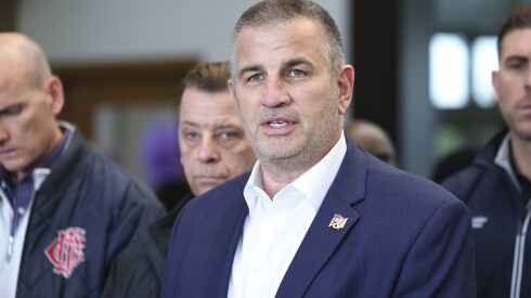 FOP president John Catanzara, Jr speaks on the hearing for Alphanso Talley, 26, at the George N. Leighton Criminal Courthouse at 2650 S. California Ave. in Little Village, Thursday, April 30, 2026. Alphanso Talley, 26, shot and killed John Bartholomew, 38, during a hospital visit and critically injured another officer. | Anthony Vazquez/Sun-times