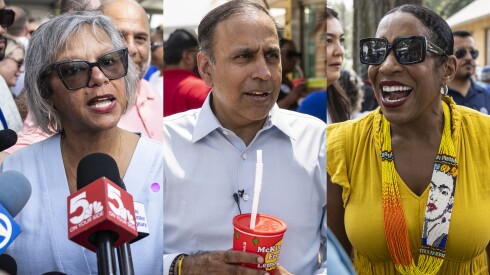 (From left) U.S. Rep. Robin Kelly, U.S. Rep. Raja Krishnamoorthi, and Lt. Gov. Juliana Stratton speak with reporters and constituents Wednesday on Governor’s Day at the Illinois State Fair in Springfield, Wednesday, Aug. 13, 2025.