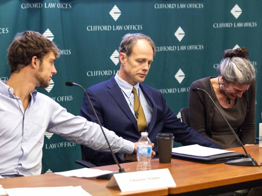 Samya Stumo’s family — brother Adnaan Stumo (left), father Michael Stumo and mother Nadia Milleron — become emotional during a news conference Thursday, April 4, 2019, about a lawsuit against the Federal Aviation Administration, Boeing, Ethiopian Airlines
