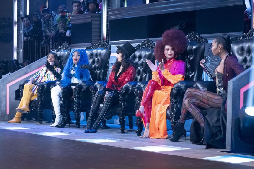 Judges Law Roach (from left), Megan Thee Stallion, Jameela Jamil, Leiomy Maldonado and Dominique Jackson are shown in an episode from the series “Legendary.”