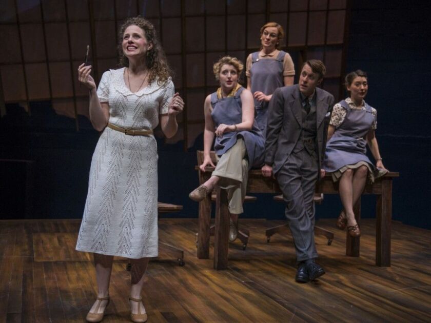 Johanna McKenzie Miller in white dress, with Bri Sudia, Jess Godwin, Matt Mueller, Tiffant Topol in “Shining Lives: A Musical” at Northlight Theatre. Photo: Michael Brosilow)