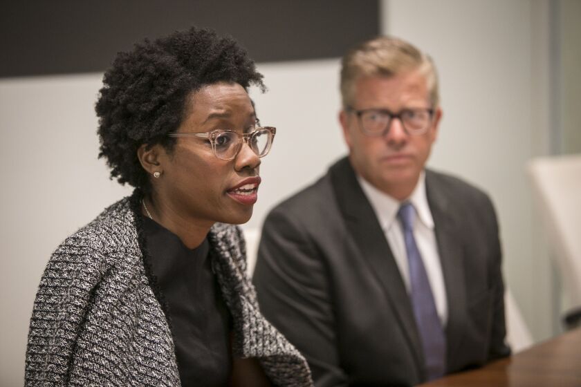 Nominees for U.S. Congress, Democrat Lauren Underwood, left, and Republican Randall M. “Randy” Hultgren, meet with the Sun-Times Editorial Board on Sept. 20. | Rich Hein/Sun-Times