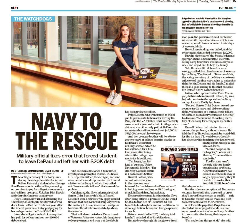 The Sun-Times’ report Tuesday on the Navy fixing things for a former DePaul University student.