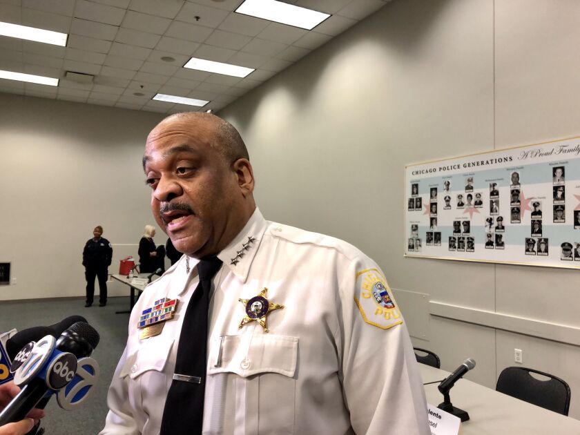 Chicago Police Supt. Eddie Johnson addresses reporters after Thursday night’s police board meeting. | Sam Charles/Sun-Times
