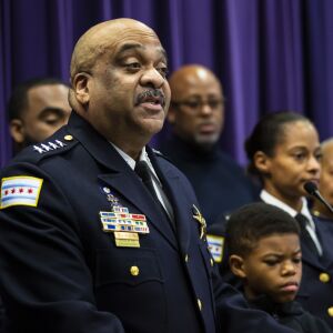 Flanked by family members, Chicago Police Department Supt. Eddie Johnson announces his retirement during a press conference at CPD headquarters, Thursday morning, Nov. 7, 2019.