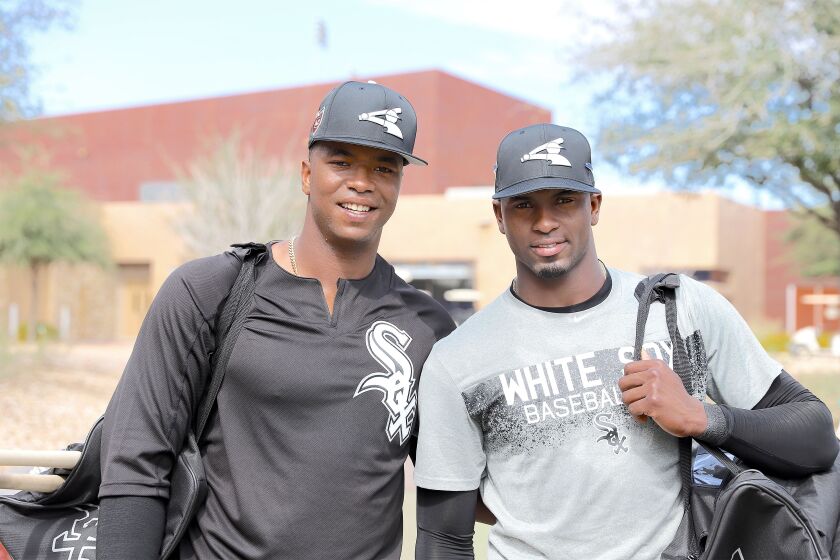 <em>Eloy Jimenez (left) and Luis Robert, during healthier times at spring training. (Photo by John Antonoff)</em>