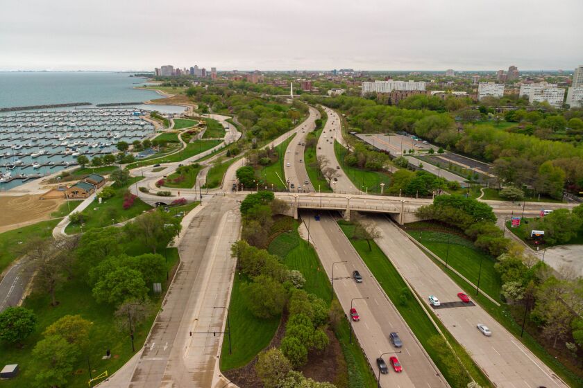 Aerial view looking south of the East 31st Street Bridge crossing South Lake Shore Drive, Tuesday afternoon, May 4, 2021.