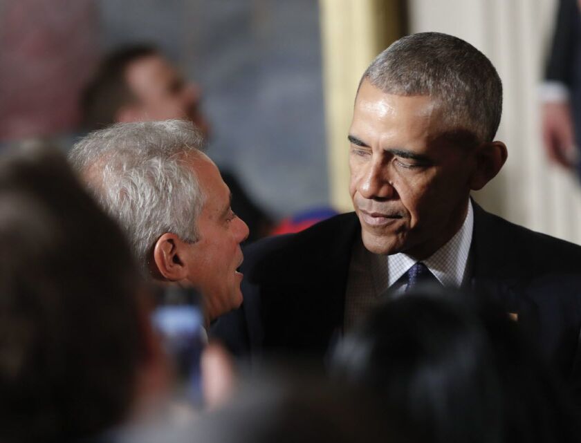 Mayor Rahm Emanuel speaks with President Barack Obama during a ceremony at the White House in January at which the Cubs were honored for winning the World Series. | AP
