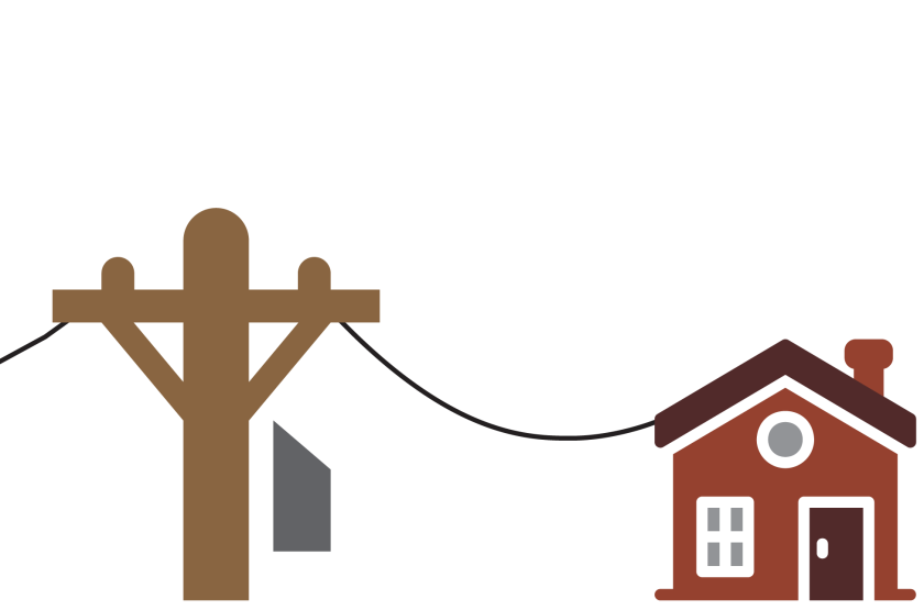 A wooden utility pole, with a gray box attached to the side representing an electrical transformer, connected by a cable to a brick-colored house that has a chimney, some front windows and a door. A cable stretches from the pole past the left edge of the image.