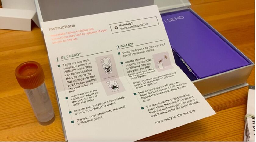 Viome’s “Gut Intelligence” test includes detailed instructions for collecting and mailing a stool sample.