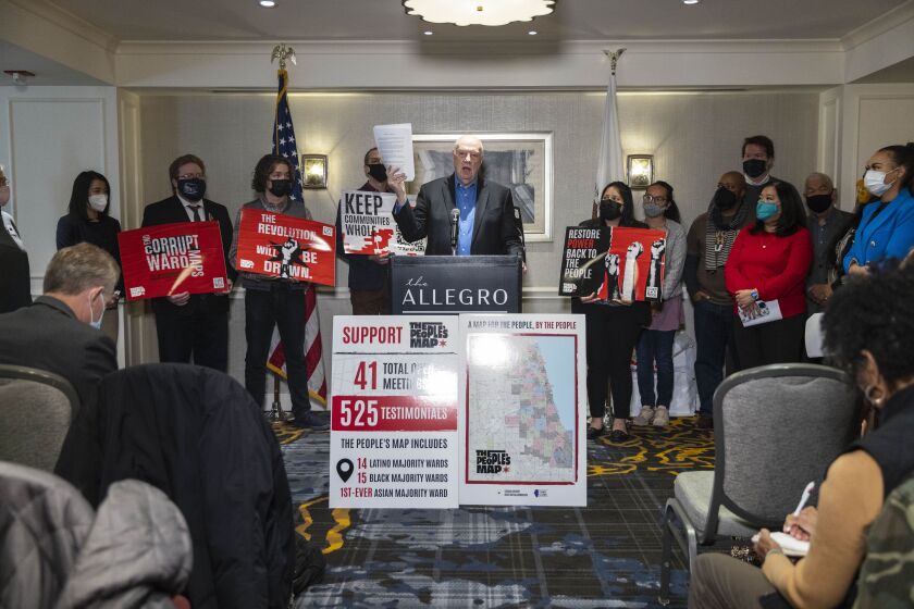 Former Ald. Dick Simpson speaks at a Chicago Advisory Redistricting Commission news conference on Monday.