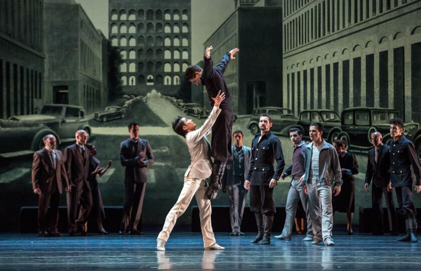 Yoshihisa Arai (in white) is Mercutio and Temur Suluashvili is Tybalt in the Joffre Ballet production of Krzysztof’s “Romeo and Juliet,” at the Auditorium Theatre. (Photo: Cheryl Mann)
