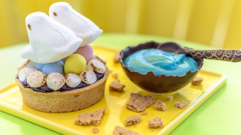 “Rockin’ Robin Birdies,” a s’mores tartlet with chocolate pastel eggs, marshmallow, Peeps and more chocolate, garnished with a pudding “bird bath” at Dylan’s Candy Bar, 445 N. Michigan.