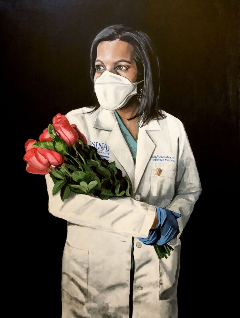 Mount Sinai infectious disease specialist Dr. Sunita Mohapatra, painted by artist Phil Gayter. He researched the symbolism of roses for this portrait’ deep pink represents “thankfulness,” Gayter said.