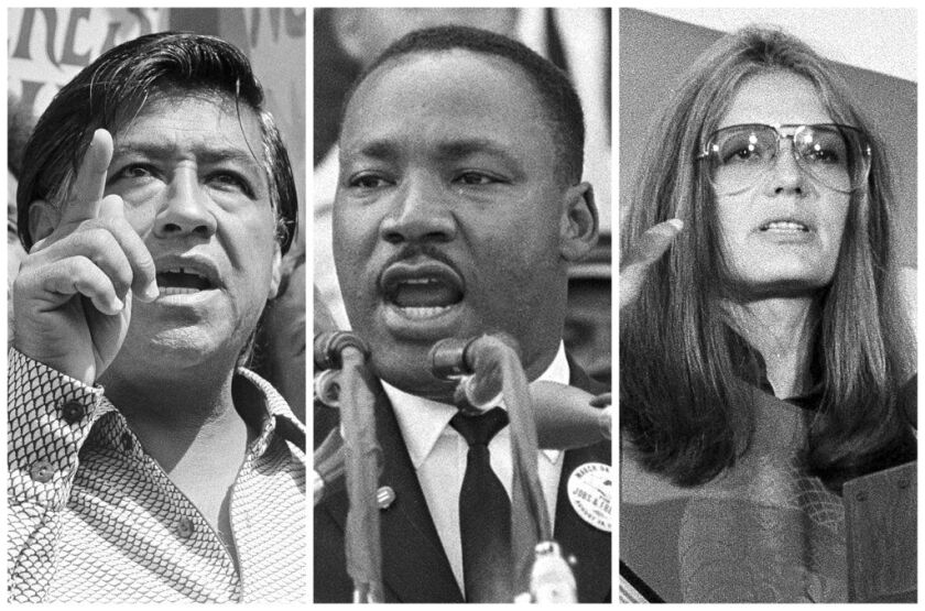 This combination of 1963-1979 photos shows, from left, Cesar Chavez, The Rev. Martin Luther King Jr. and Gloria Steinem. The era of Martin Luther King and Cesar Chavez, both charismatic leaders, has given way to many people speaking out in rallies for wom