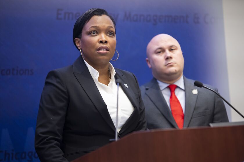 Dr. Janice K. Jackson, Chicago Public Schools CEO, left, and Arnie Rivera, CPS chief operating officer, discuss actions the district is taking to prevent the spread of coronavirus in Chicago.