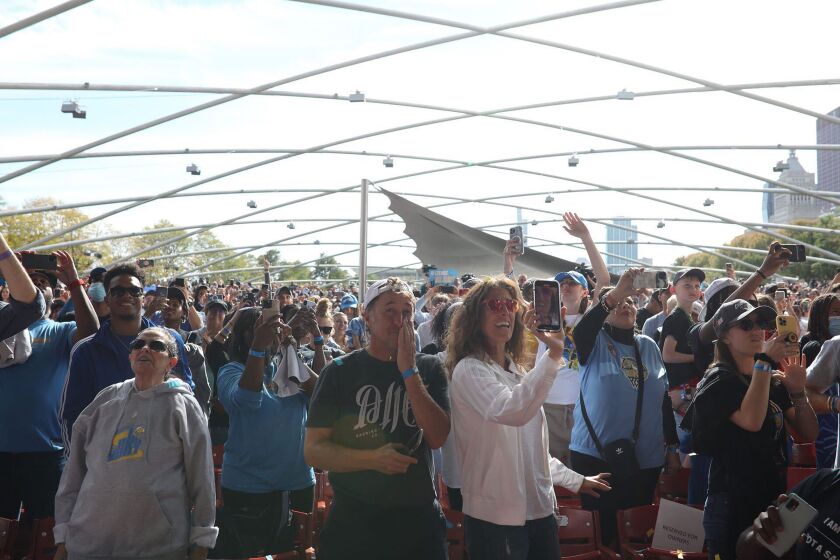 The celebration begins at Pritzker Pavilion in Millennium Park, where fans gathered in honor of the Chicago Sky’s first WNBA title.