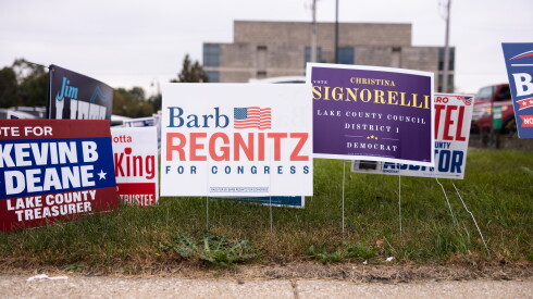 Campaign signs outside the Lake County Courthouse in Hammond, Indiana, Monday, Oct. 26, 2026.