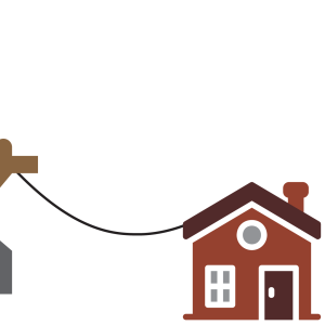 A wooden utility pole, with a gray box attached to the side representing an electrical transformer, connected by a cable to a brick-colored house that has a chimney, some front windows and a door. A cable stretches from the pole past the left edge of the image.