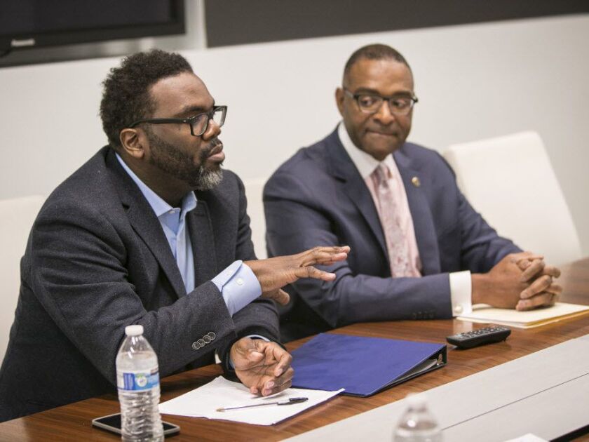 Cook County Board Democratic Primary Candidates Brandon Johnson, left, and Richard Boykin met with the Sun-Times Editorial Board Tuesday, Feb. 13, 2018. | Rich Hein/Sun-Times