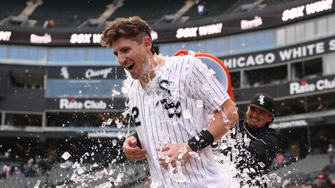 Colson Montgomery gets an ice bath after a game-winning RBI single against the Angels earlier this season.