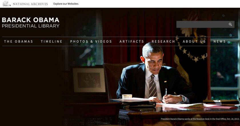 The home page of the Obama Presidential Library, which will be virtual, with no physical building.