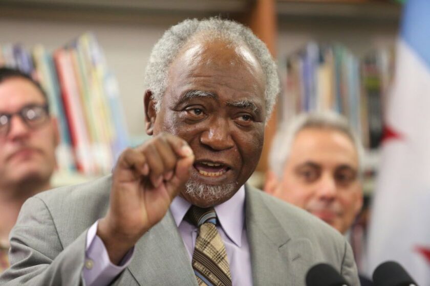 Rep. Danny Davis, D-Ill., along with Mayor Rahm Emanuel at a 2014 press conference. File Photo. | Chandler West/For Sun-Times Media