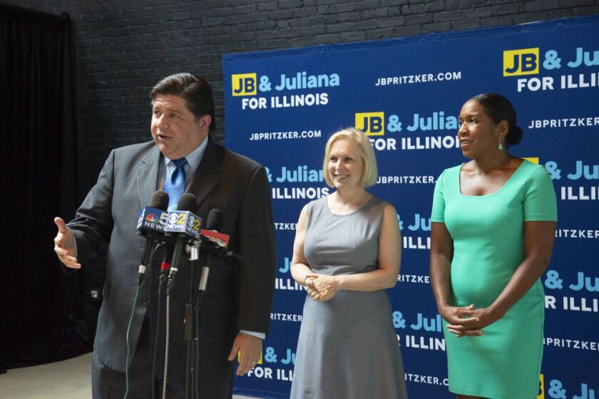 J.B. Pritzker, Senator Kirsten Gillibrand, and IL Rep. Juliana Stratton at the second annual WomenÕs Rights and Resistance lunch on July 16, 2018. | Jane Recker/For the Sun-Times
