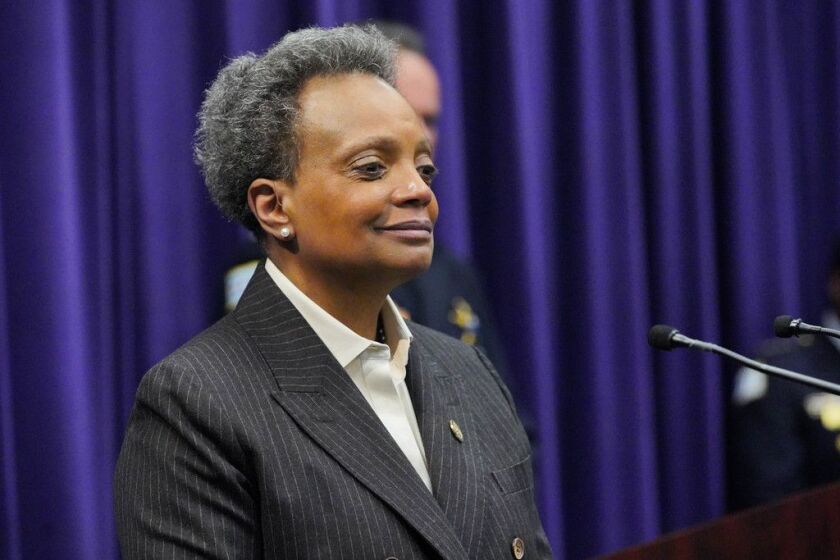 Mayor Lori Lightfoot thanked now-former interim superintendent Charlie Beck for his service in Chicago at his sendoff ceremony on Wednesday, April 15, 2020.
