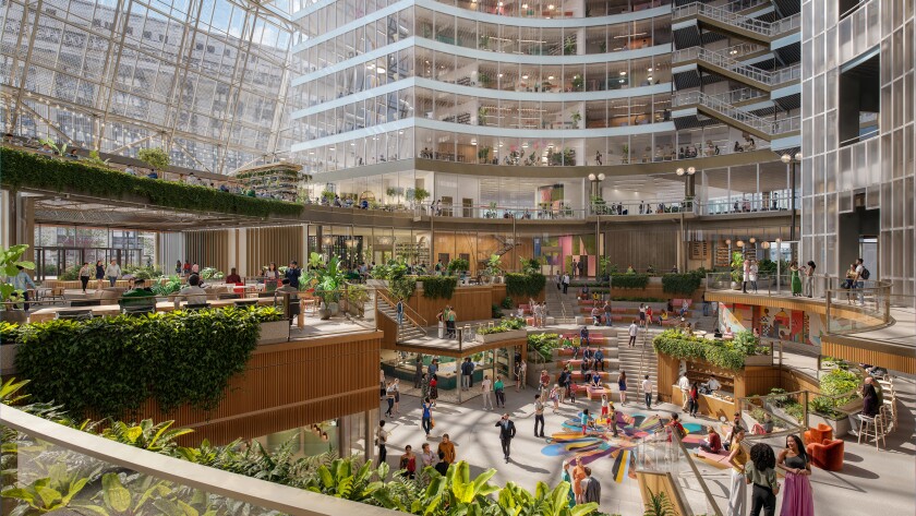 Rendering of the former Thompson Center's atrium many stories high, with lots of glass and plants as well as sections separated by staircases.