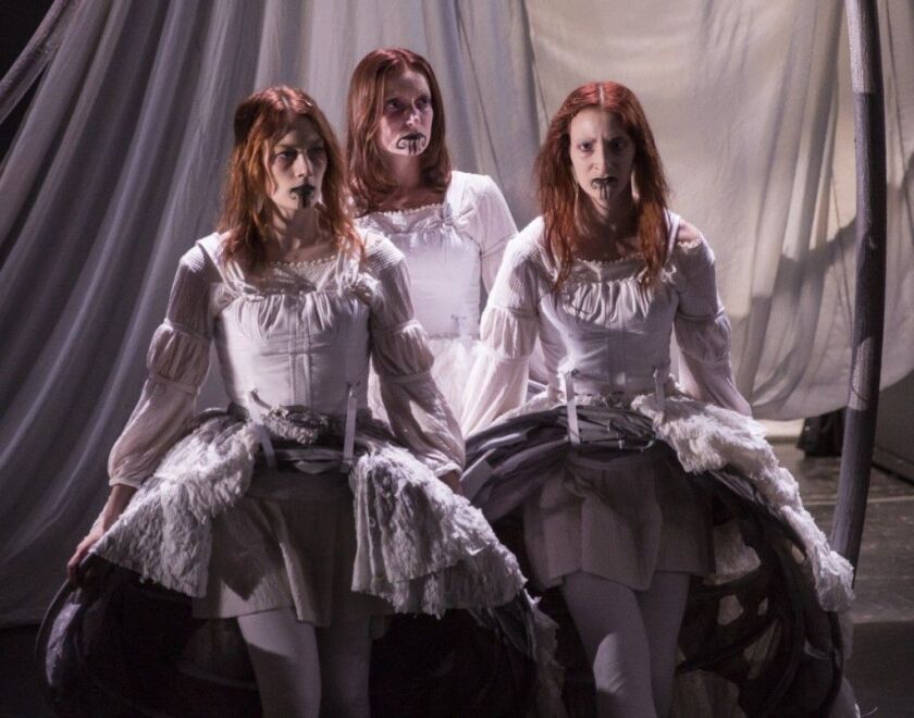 Monica West (from left), Kasey Foster and Emma Cadd play the Fates in the Lookingglass Theatre production of “Moby Dick.” (Photo: Liz Lauren)