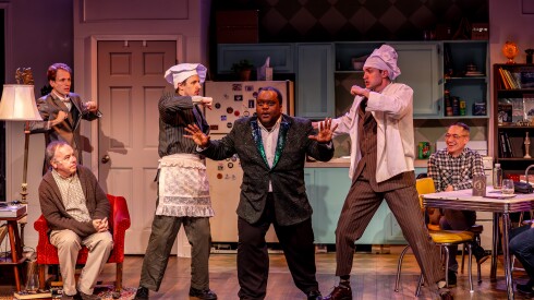 (Left to Right) Steve McDonagh as The Man in Chair, Kevin Chlapecka as George, Chase Wheaton - Werle as Gangster 2, Jimmy Hogan as Gangster 1, Reginald Hemphill in Theo Ubique Cabaret Theatre’s “The Drowsy Chaperone.”