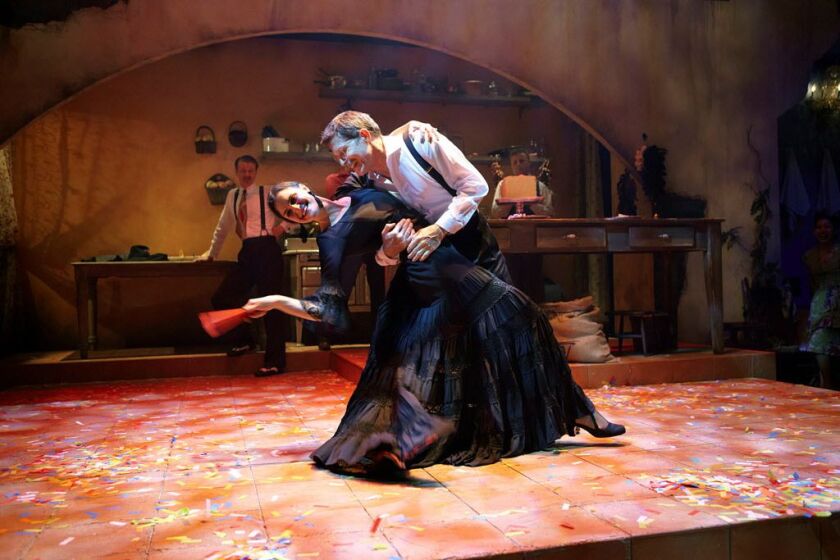 “Rick Bayless in Cascabel: Dining, Daring, Desire” features Rick Bayless as the Cook and Chiara Mangiameli as the Senora at Lookingglass Theatre. | Lookingglass Theatre