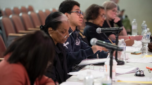 The panel of judges at the Chicago Public Schools Citywide Spelling Bee Championship at Alexander Graham Bell Elementary School, 3730 N. Oakley Ave. on Thursday, March 12, 2026.