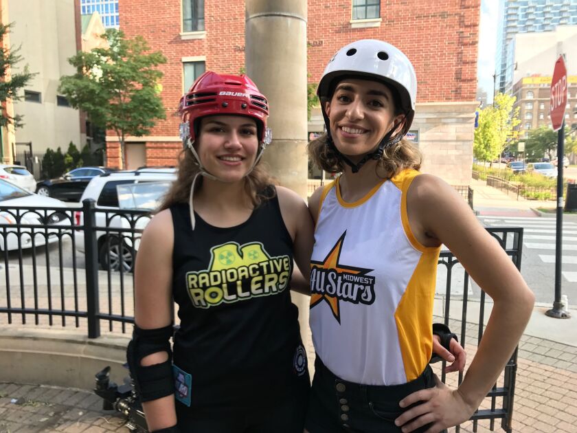 From left, Sofia Hernandez and Elizabeth Perez, roller derby athletes for the Midwest All Stars. | Jacob Wittich/Sun-Times