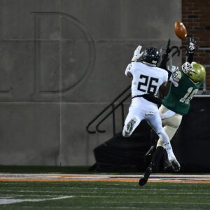 McNamara’s Wilson Netherton (18) catches a touchdown pass. Worsom Robinson/For the Sun-Times.