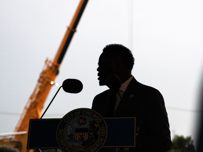 Mayor Brandon Johnson speaks in East Garfield Park on Wednesday, July 26, 2023 in Chicago. | Owen Ziliak/Sun-Times