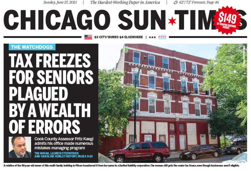 The front page of the June 27, 2021, Sun-Times investigation of widespread errors in Cook County's handling of the senior freeze tax program.