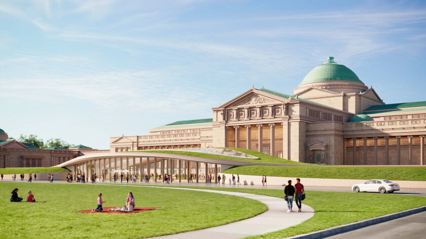 Rendering of the Welcome Hall, with a grass-topped roof, proposed for the north entrance of the Griffin Museum of Science and Industry.