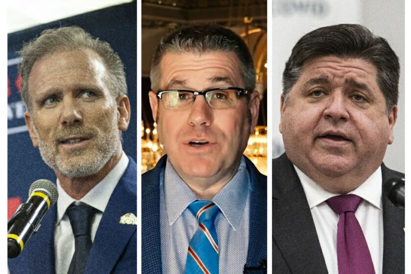 Republican candidate for governor Gary Rabine, left; State Sen. Darren Bailey, R-Xenia, center; Gov. J.B. Pritzker, right.