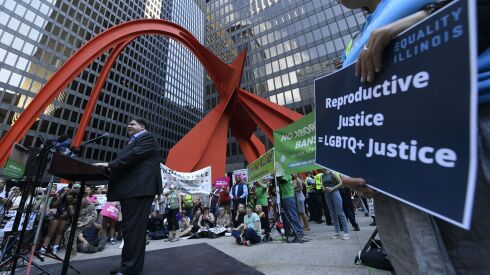 Gov. J.B. Pritzker speaks during an abortion rights rally at Federal Plaza last week after the Supreme Court overturned Roe v. Wade.