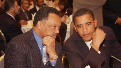 Rev. Jesse Jackson and Barrack Obama talk during the 15th Annual Reverend Dr. Martin Luther King Jr. Scholarship Award breakfast, Jan. 16, 2005. | Al Podgorski/Sun-Times