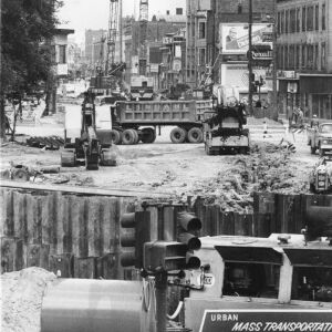 Construction of the new CTA station in Logan Square in 1968. The scene here is looking north on Milwaukee Ave. | Sun-Times archives