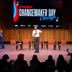 Former President Barak Obama surprises a group of high school freshman girls Friday during the WNBA Changemaker Day at the Obama Presidential Center in Jackson Park on the South Side.