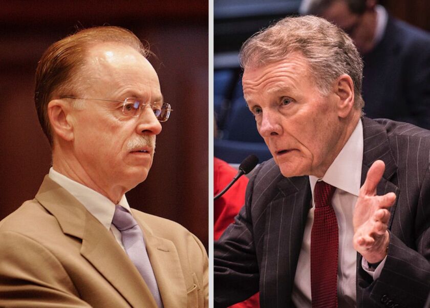 Then House Speaker Mike Madigan’s chief of staff, Tim Mapes, left, in 2007; Speaker Mike Madigan, right, in 2017.