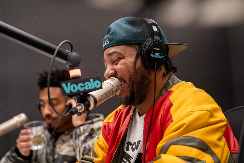 Sir Michael Rocks and Chuck Inglish of Chicago hip-hop duo The Cool Kids are interviewed by Nudia Hernandez for Vocalo at the Chicago Public Media studio at Navy Pier, Thursday, Nov. 20, 2025.