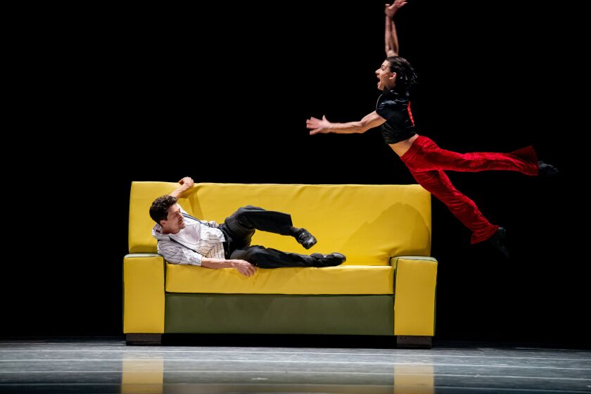 The Joffrey Ballet’s Temur Suluashvili and Fernando Duarte perform in “The Sofa.”