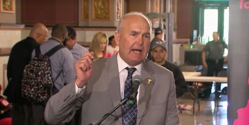 Madison County schools Supt. Bob Daiber speaks at a rally in Springfield Tuesday. Sun-Times Media.